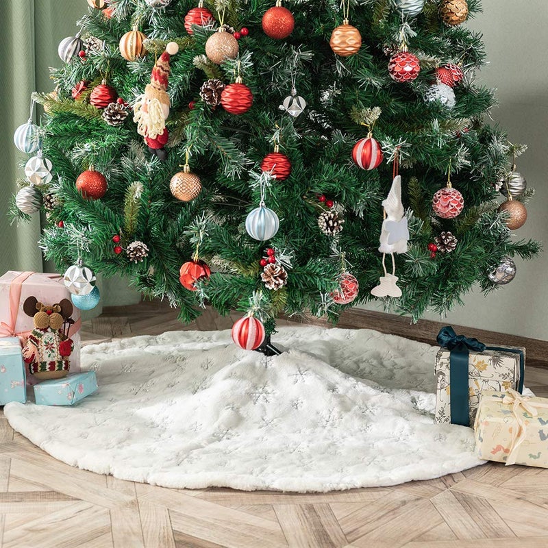 Amidaky Christmas Tree Skirt 30 inches White Faux Fur Silver Snowflake Sequin Embroidered Luxury Tree Skirt Xmas Decoration - Image 2